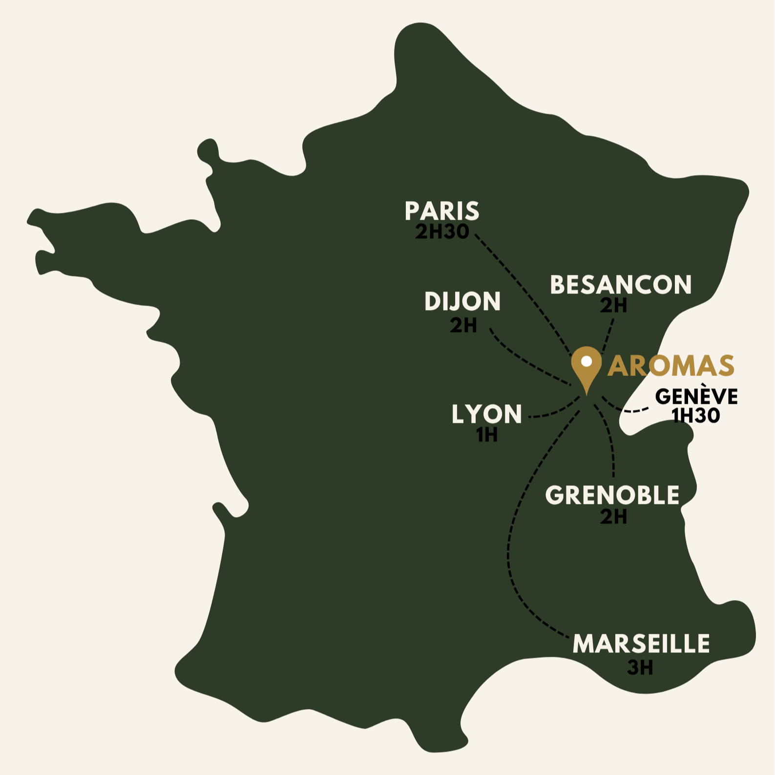 Carte des temps de trajet vers Aromas et le Gîte Le Clos