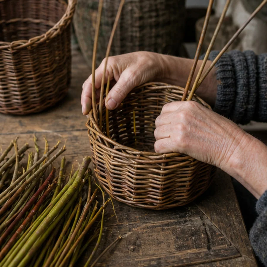 Artisan tressant un panier en osier