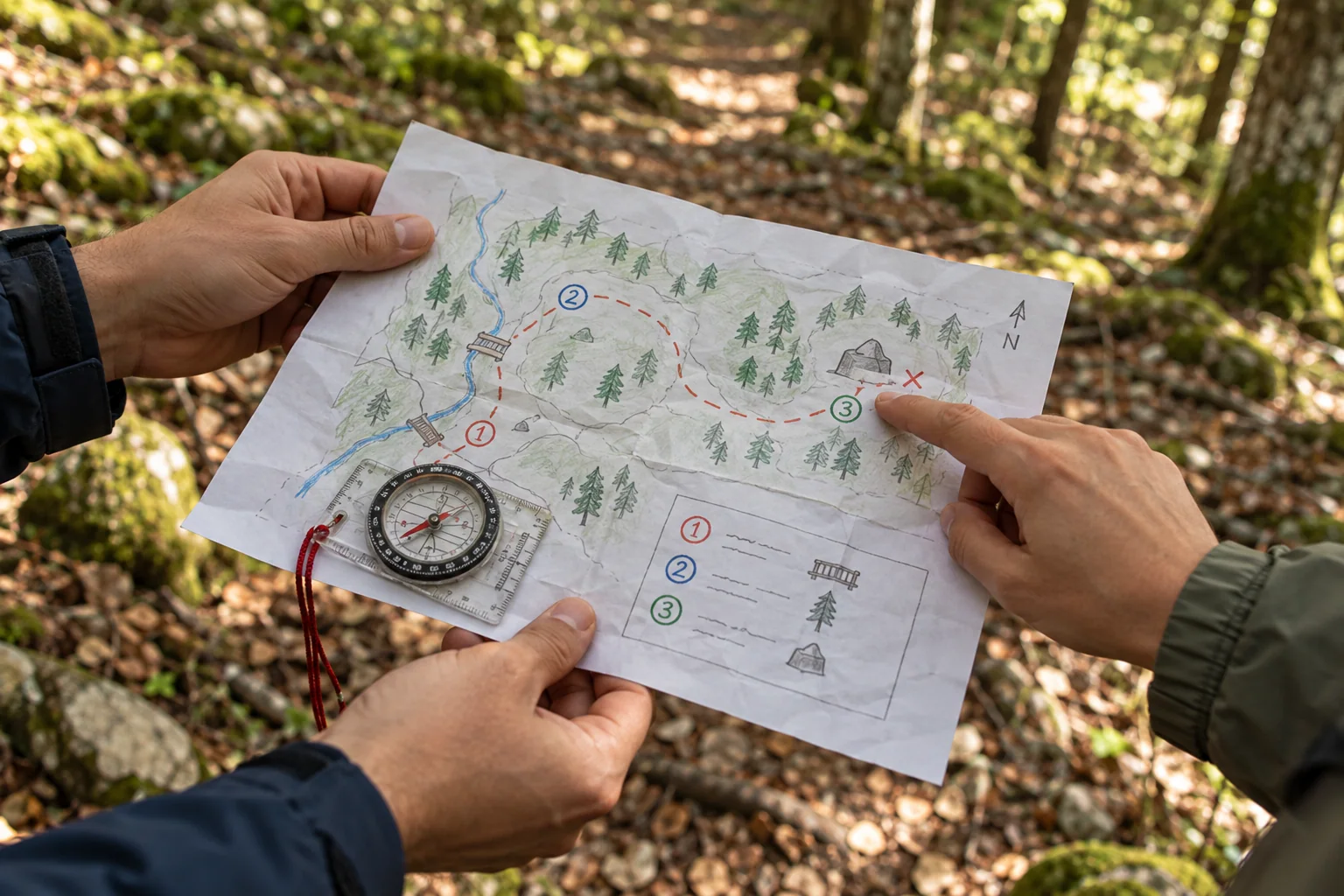 Lecture d’une carte et d’une boussole pendant un jeu de piste en forêt — illustration