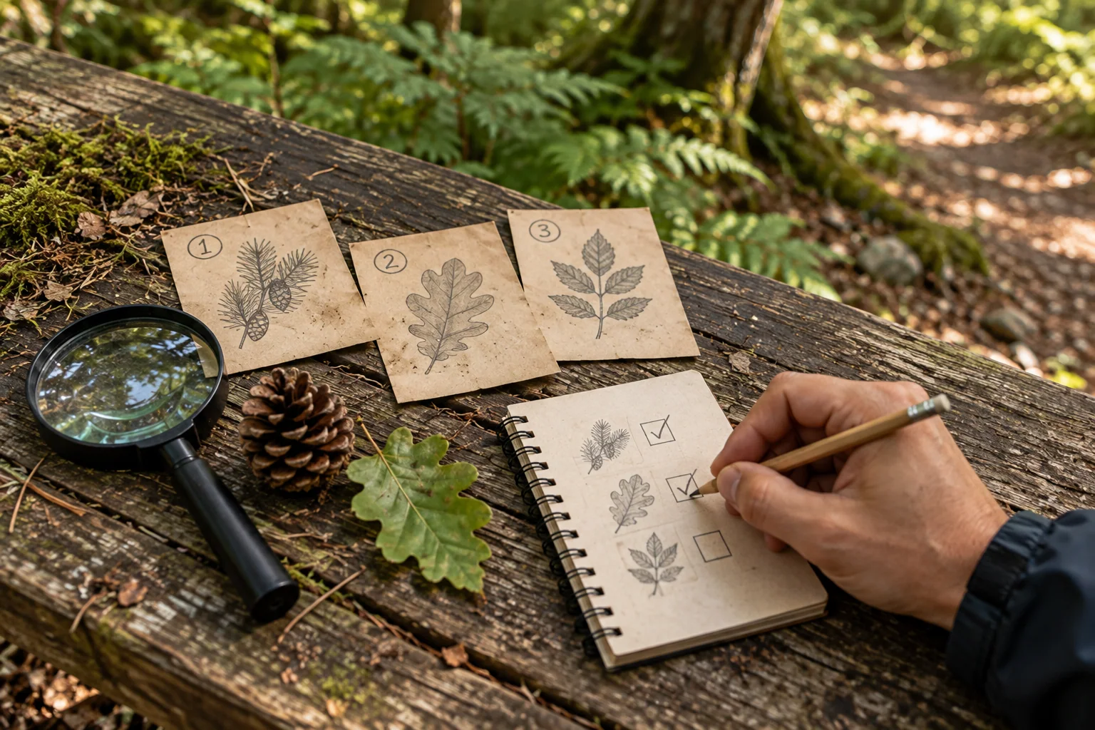 Cartes botaniques, carnet et loupe pour une recherche d’indices naturels — illustration
