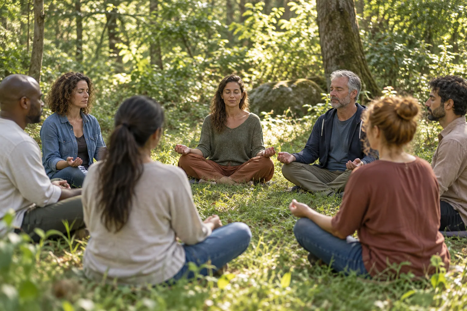 Groupe assis en cercle pour une séance de relaxation en forêt — illustration